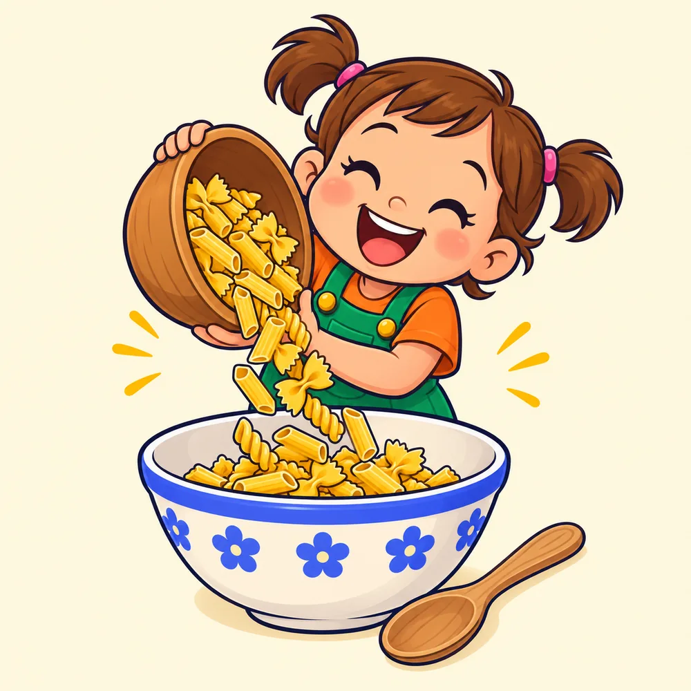 Una nena se ríe a carcajadas mientras vuelca fideos de colores en un bol, con una cuchara de madera al lado