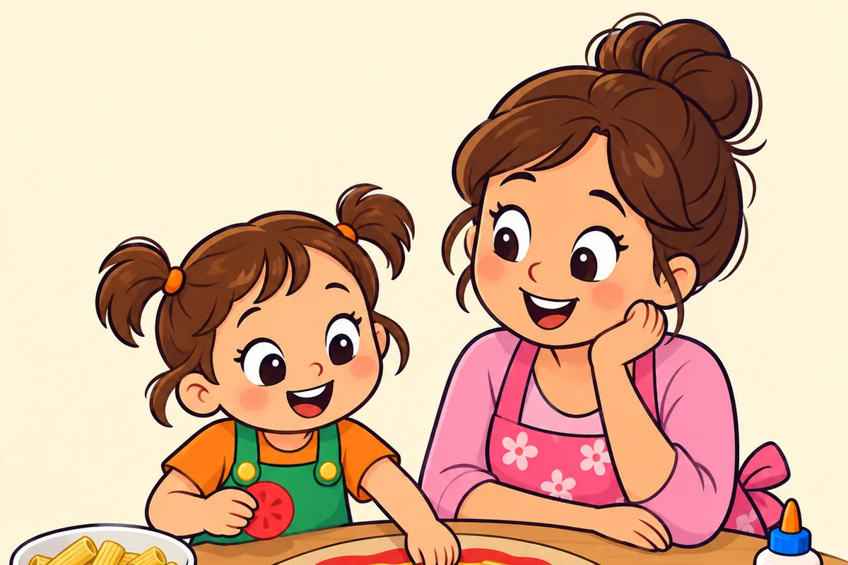 Una mamá sonriente y una nena arman una pizza de mentira con fideos y papel en la mesa de la cocina
